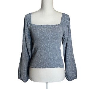 American Eagle Blue Ribbed Top with White Polka Dots